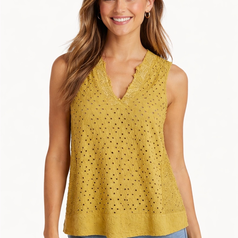 Akemi & Kin Eyelet Swing Top Tank Anthropologie XS Mustard Yellow Silver V-Neck